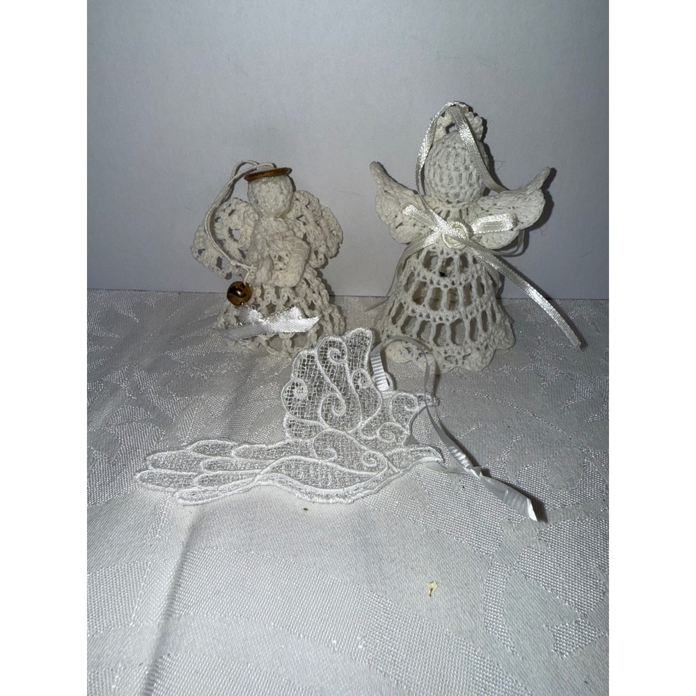 Vintage White Crochet Lace Christmas Ornament Set 3pc Angels Dove Handmade Decor